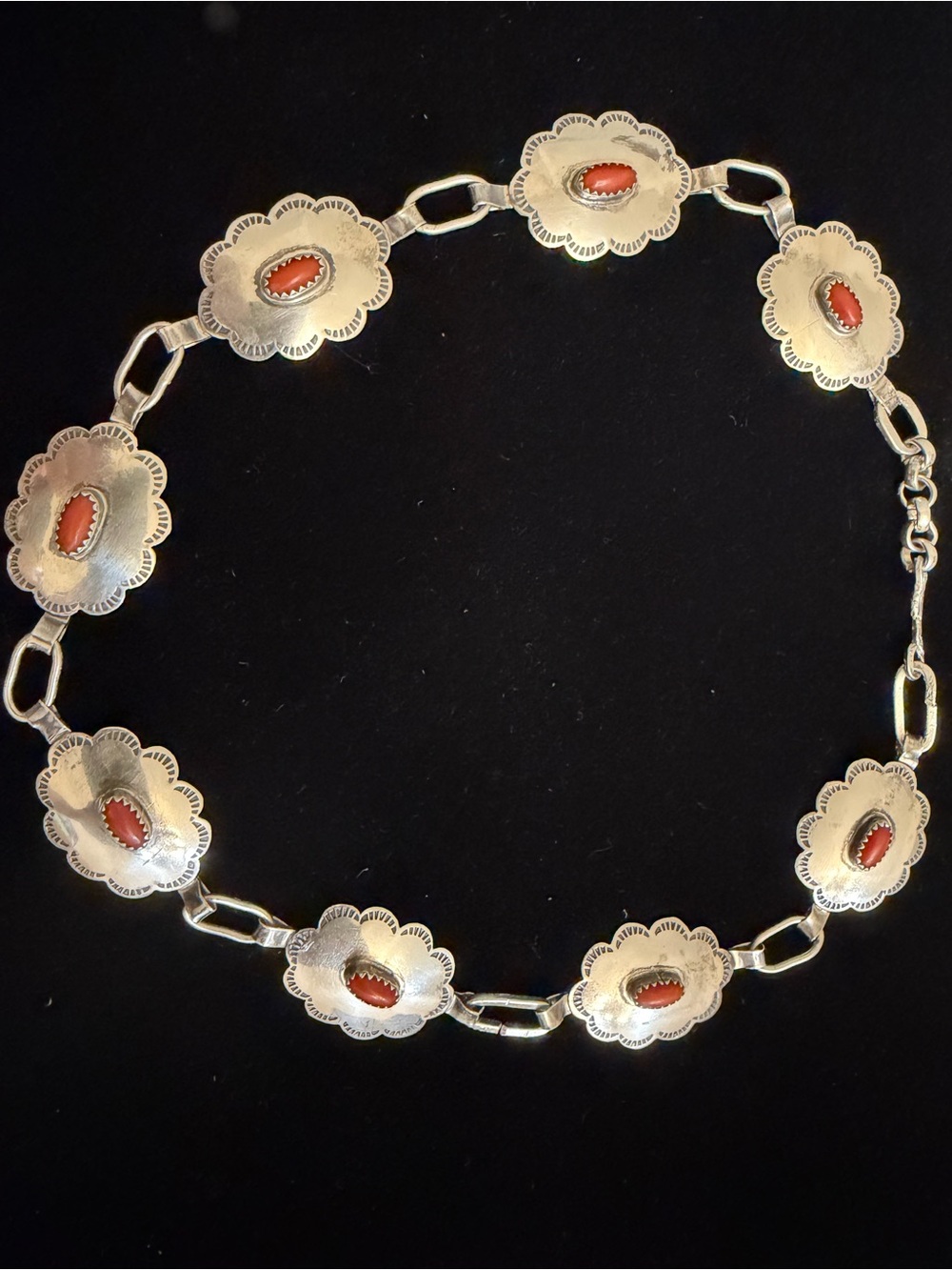 Rare Vintage Navajo Sterling Silver and Red Coral Concho Link Necklace - Picture 3 of 15